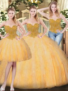 Great Gold Sleeveless Tulle Lace Up 15th Birthday Dress for Military Ball and Sweet 16 and Quinceanera