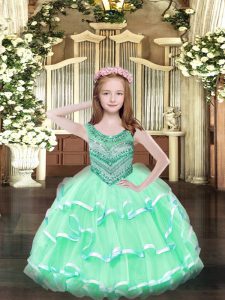 Floor Length Lace Up Kids Pageant Dress Apple Green for Party and Quinceanera with Beading and Ruffled Layers