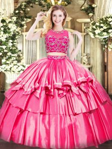 Hot Pink Two Pieces Beading and Ruffled Layers Ball Gown Prom Dress Zipper Tulle Sleeveless Floor Length