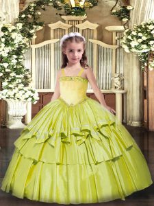 Discount Sleeveless Floor Length Appliques and Ruffled Layers Lace Up Little Girls Pageant Dress Wholesale with Olive Green