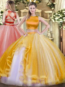 Admirable Gold Sleeveless Floor Length Ruffles Criss Cross 15th Birthday Dress
