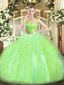 Traditional V-neck Sleeveless Quinceanera Gown Floor Length Beading and Ruffles Yellow Green Tulle