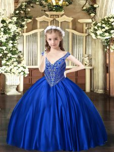 Sleeveless Floor Length Beading Lace Up Little Girls Pageant Gowns with Royal Blue