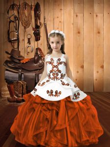 Floor Length Zipper Little Girl Pageant Gowns Rust Red for Sweet 16 and Quinceanera with Embroidery
