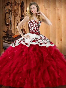 Wine Red Sweetheart Neckline Embroidery and Ruffles 15th Birthday Dress Sleeveless Lace Up