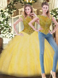 Most Popular Yellow Sleeveless Beading and Ruffles Floor Length Ball Gown Prom Dress