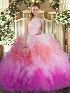 Attractive Multi-color Ball Gowns Tulle High-neck Sleeveless Ruffles Floor Length Backless Quinceanera Dresses