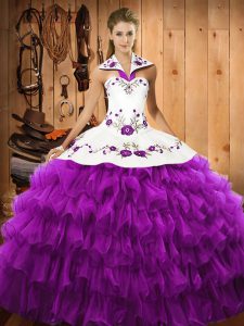 Comfortable Floor Length Eggplant Purple Sweet 16 Dress Organza Sleeveless Embroidery and Ruffled Layers