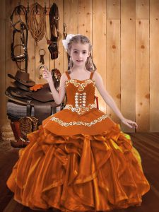 Stunning Orange Organza Lace Up Little Girl Pageant Dress Sleeveless Floor Length Embroidery and Ruffles