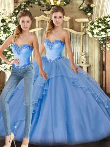 Excellent Baby Blue Sleeveless Organza Lace Up Quinceanera Dresses for Military Ball and Sweet 16 and Quinceanera