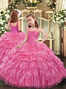Sleeveless Organza Floor Length Lace Up Little Girl Pageant Gowns in Rose Pink with Beading and Ruffled Layers and Pick Ups