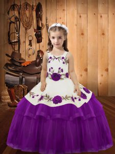 Sweet Purple Organza Lace Up Little Girls Pageant Dress Wholesale Sleeveless Floor Length Embroidery and Ruffled Layers