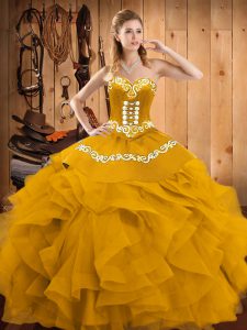 Enchanting Gold Sweet 16 Dress Military Ball and Sweet 16 and Quinceanera with Embroidery and Ruffles Sweetheart Sleeveless Lace Up