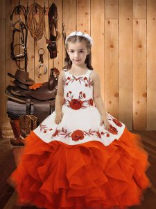 Nice Floor Length Orange Red Glitz Pageant Dress Straps Sleeveless Lace Up