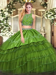 Gorgeous Olive Green Tulle Zipper Sweet 16 Dresses Sleeveless Floor Length Beading and Embroidery and Ruffled Layers