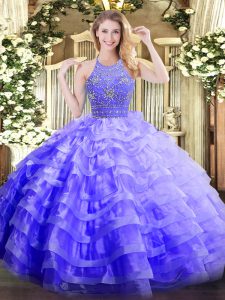 Fine Ball Gowns Quinceanera Gowns Lavender Halter Top Organza Sleeveless Floor Length Zipper