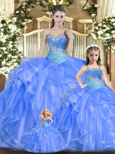 New Arrival Beading and Ruffles Ball Gown Prom Dress Baby Blue Lace Up Sleeveless Floor Length