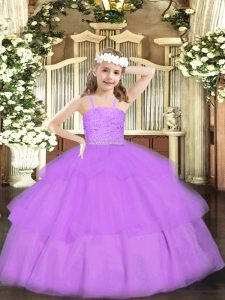 Stunning Sleeveless Floor Length Beading and Lace Zipper Pageant Dress for Teens with Lavender