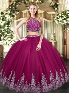 High-neck Sleeveless Quinceanera Gown Floor Length Beading and Appliques Fuchsia Tulle