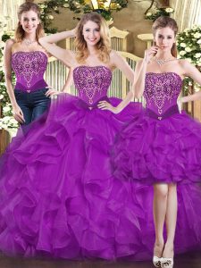 Top Selling Three Pieces 15 Quinceanera Dress Purple Sweetheart Organza Sleeveless Floor Length Lace Up