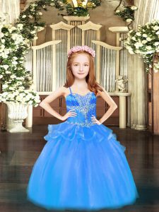 Custom Made Sleeveless Organza Floor Length Lace Up Little Girls Pageant Dress in Baby Blue with Beading