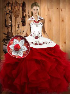Wine Red Sleeveless Embroidery and Ruffles Floor Length Sweet 16 Quinceanera Dress