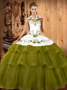 Attractive Halter Top Sleeveless Sweep Train Lace Up Ball Gown Prom Dress Olive Green Organza