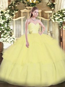 Light Yellow Lace Up 15 Quinceanera Dress Beading and Ruffled Layers Sleeveless Floor Length