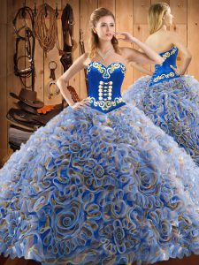 Multi-color Ball Gowns Embroidery Quinceanera Gowns Lace Up Satin and Fabric With Rolling Flowers Sleeveless