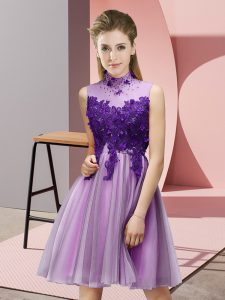 Lilac Tulle Lace Up High-neck Sleeveless Knee Length Dama Dress Appliques
