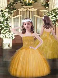 Floor Length Gold High School Pageant Dress Tulle Sleeveless Beading and Ruffles