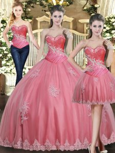 Tulle Sweetheart Sleeveless Lace Up Beading and Appliques Quinceanera Gowns in Rose Pink