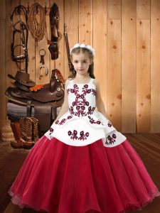 Coral Red Lace Up Straps Embroidery Pageant Dress for Girls Organza Sleeveless