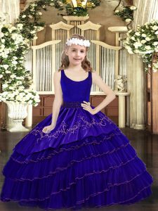 Excellent Scoop Sleeveless Organza Custom Made Pageant Dress Beading and Embroidery and Ruffled Layers Zipper