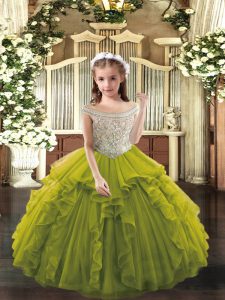Olive Green Organza Lace Up Little Girls Pageant Gowns Sleeveless Floor Length Beading and Ruffles