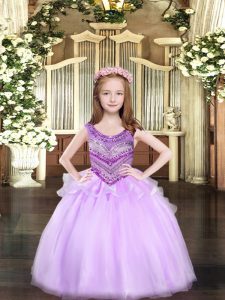 Ball Gowns Child Pageant Dress Lilac Scoop Organza Sleeveless Floor Length Lace Up