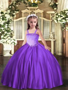 Amazing Lavender Satin Lace Up Pageant Gowns For Girls Sleeveless Floor Length Appliques