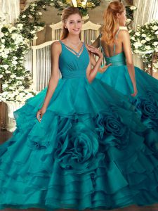 Extravagant V-neck Sleeveless Sweet 16 Quinceanera Dress Floor Length Ruffles Teal Fabric With Rolling Flowers