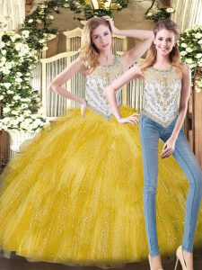 Admirable Yellow Ball Gowns Scoop Sleeveless Organza Floor Length Zipper Beading and Ruffles Quince Ball Gowns