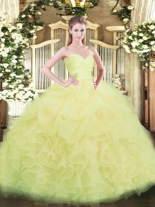 Floor Length Light Yellow Ball Gown Prom Dress Organza Sleeveless Beading and Ruffles