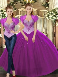 Flirting Fuchsia Tulle Lace Up Straps Sleeveless Floor Length Ball Gown Prom Dress Beading
