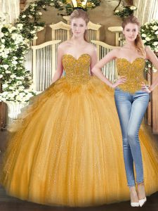 Latest Gold Lace Up Quince Ball Gowns Beading and Ruffles Sleeveless Floor Length
