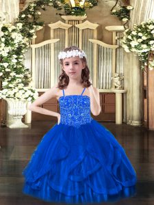 Blue Ball Gowns Beading and Ruffles Pageant Gowns Lace Up Tulle Sleeveless Floor Length
