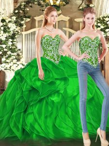 Attractive Green Sleeveless Floor Length Beading and Ruffles Lace Up 15th Birthday Dress