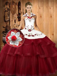 Dazzling Halter Top Sleeveless Sweep Train Lace Up Sweet 16 Dresses Wine Red Satin and Organza