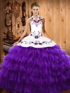 Halter Top Sleeveless Lace Up Sweet 16 Dress Purple Organza