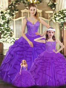 Clearance Straps Sleeveless Lace Up Quinceanera Dresses Purple Organza