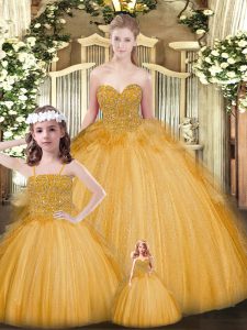 Spectacular Sleeveless Tulle Floor Length Lace Up Vestidos de Quinceanera in Gold with Beading and Ruffles