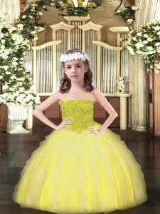 Stylish Ball Gowns Girls Pageant Dresses Yellow Spaghetti Straps Organza Sleeveless Floor Length Lace Up