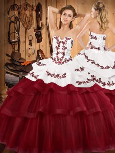 New Arrival Wine Red Ball Gowns Strapless Sleeveless Tulle Sweep Train Lace Up Embroidery and Ruffled Layers Ball Gown Prom Dress